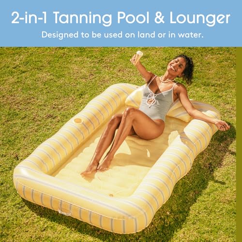 FUNBOY Tanning Pool Lounger Float Yellow & Blue Stripe, XL 72" x 48" with Pillow and Large Cup Holder by FUNBOY - Used condition - Image 2