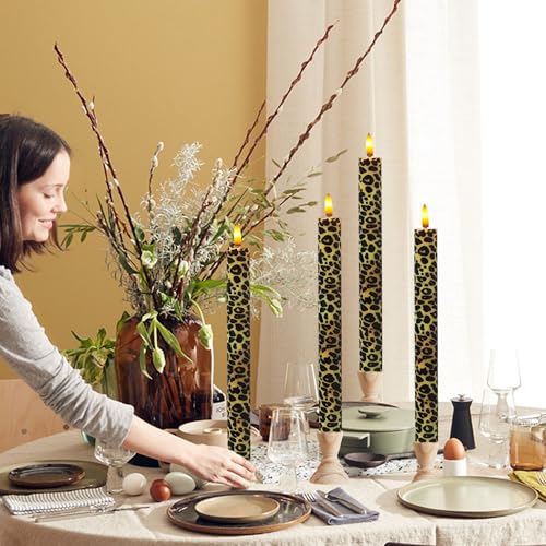 Image of Remote Leopard LED Taper Candles - 4pcs Animal Pattern Flameless Battery Operated Candlesticks for Home Wedding Dining Table Holiday & Party Decoration