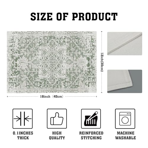 Image of Gray Sage Green Boho Placemats Set of 6 Ethnic Bohemian Carpet Place Mats Washable Kitchen Dining Vintage Grey Geography Floral Linen Table Mats Stain Heat-Resistant for Home Party Indoor 12x18 in