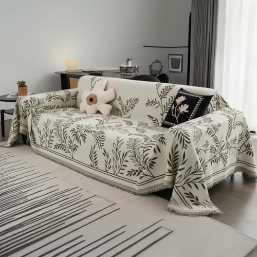 Image of The Furnishing Tree 3 Seater Reversible Chenille Sofa Cover, Double-Sided Luxury Throw, Anti-Slip Couch Cover, Soft & Comfortable Sofa Towel for All Seasons, Light Willow Leaf