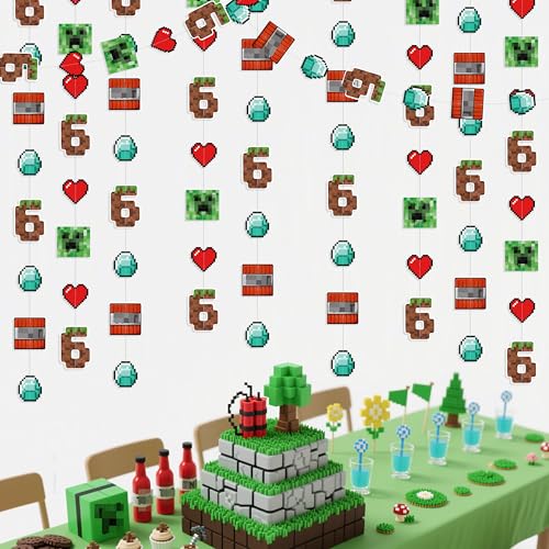Image of 46Ft Pixel 6th Birthday Party Decorations Green Brown Miner Themed Garland Streamer for Kids Boys 6th Mining Craft Birthday Pixel Miner Gamer Cartoon Baby Shower Mining Party Decor Supplies