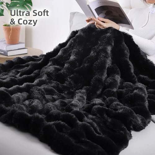 Smoofy Faux Fur Throw Blanket for Couch – Black Fluffy Cozy Rabbit Fleece, Plush Soft Bubble Blanket for Sofa & Bed, for Mom, Warm Fuzzy Home Room Decor Throw 50" x 60"
