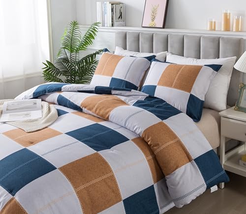Image of Caressma Plaid Checkered Comforter Set Navy and Gray, Fluffy Geometric Grid Buffalo King Size 3 Pieces Comforter Set with Two Matching Pillow Shams