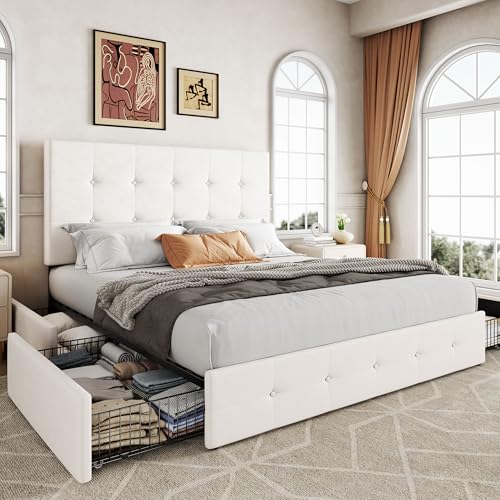Image of Allewie Upholstered Full Size Platform Bed Frame with 4 Storage Drawers and Adjustable Headboard, Square Button Tufted, Wooden Slats Support, Noise-Free, No Box Spring Needed, Easy Assembly, White