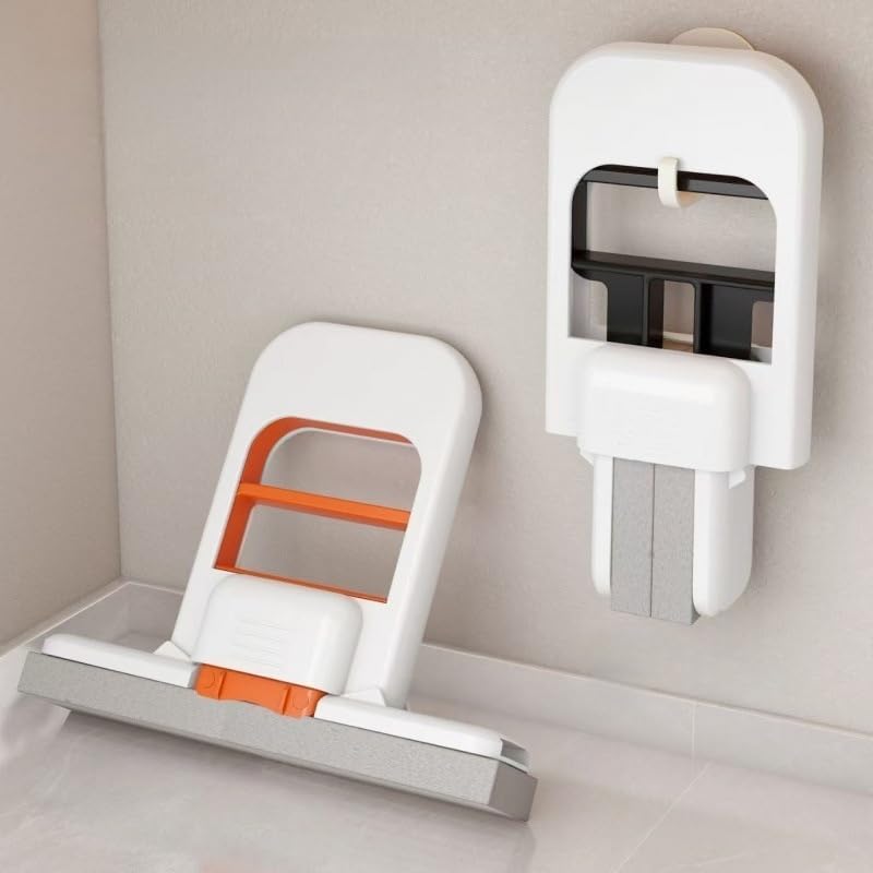 2-Pack Mini Foldable Sponge Mop, Handheld Self-Squeezing with Replaceable Sponge Head, for Kitchen, Bathroom, Glass, Countertop (Two Extra Sponge Head Included.)(White/Orange + White/Black)