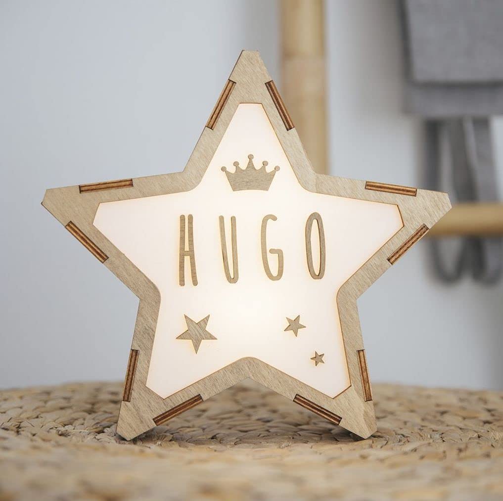 VINTIUN - Lampara Quitamiedos Personalizada con Nombre - Estrella Luminosa Madera Personalizable para Bebé y Adulto (Corona/Estrellas)