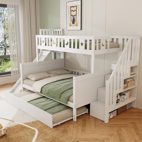 EURHCIO Lit Superposé Enfant 90/140x200cm,Lit Superposé 3 Places avec lit Gigogne,Toboggan,Escalier de Rangement,étagères,Barrière Haut,pour Enfants...