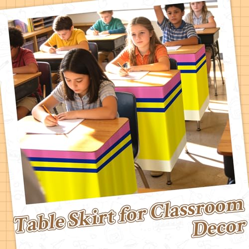 Image of 9FT Pencil Table Skirt Colorful Teacher Desk Skirt Classroom Table Cover for Back to School Decor Rectangle Tablecloth for First Day of School Party Supplies Kindergarten Office Bookcase Cabinet