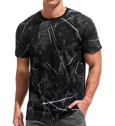 USALL Herren Sommer DruckT-Shirt 95% Baumwolle Casual Atmungsaktives Männer T-Shirt Kurzarm(09 Black M)