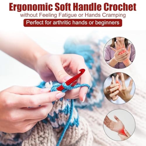 Image of VIRADHAM Ergonomic Crochet Hook Set, 9-Piece Soft Touch Aluminum Crochet Hooks (2.0-6.0mm), Red Knitting Needles for Arthritic Hands, Comfortable Grip Crochet Kit for Beginners & Professionals (9 Pcs RED)