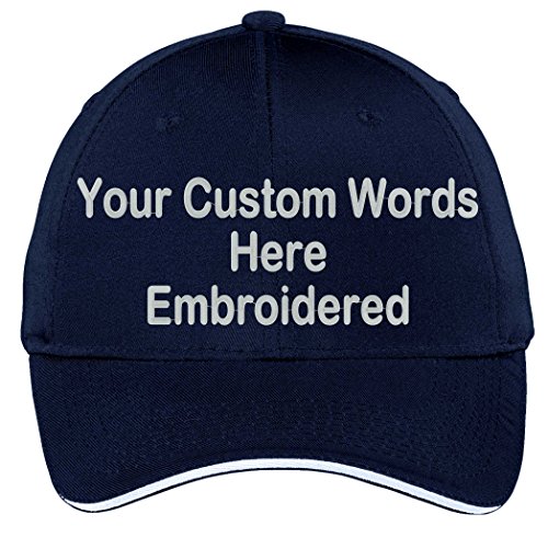 Custom Hat, Embroidered. Your Own Text. Adjustable Back. Curved Bill (Navy White Sandwich Bill)