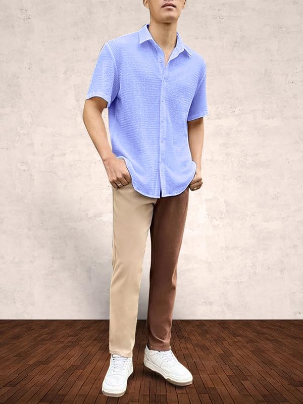 Image of Pinkmint Popcorn Shirt for Men Soild Slim Fit Sleeve Spread Collar Trendy Men Shirt Summer Wear Goa Wear Olive