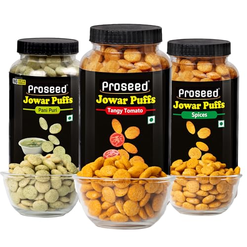 Image of Proseed Jowar Puffs (Pani Puri, Tangy Tomato & Spices) | 150g x 3 Packs (Total 450g) | Slow Roasted & 100% Veg | No Refined Flour, Sugar & Trans-Fat | Gluten Free | No Palm Oil | Healthy Millet Snacks