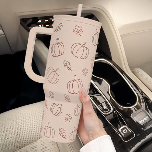 Image of SANDJEST Pumpkin Tumbler with Handle and Straw 40oz - Stainless Sleel Slider Tumbler Travel Coffee Mug for Women - Gift Idea for Fall Autumn Halloween