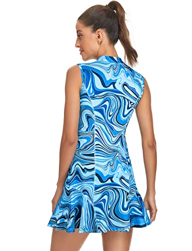 Tanst Sky Golf Dress For Women With Shorts, Women's Tennis Dress With Pockets Sweat Absorption Zip Up Pleated Hem Sleeveless Workout Sports Exercise Athletic Activewear Blue Wave Medium #TOP1