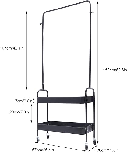 Miniatura 6 de Perchero portátil 2 en 1 con cesta de metal de 2 niveles con 4 ruedas, para pasillo, sala de estar, dormitorio, vestidor, lavandería (2 en 1 negro)