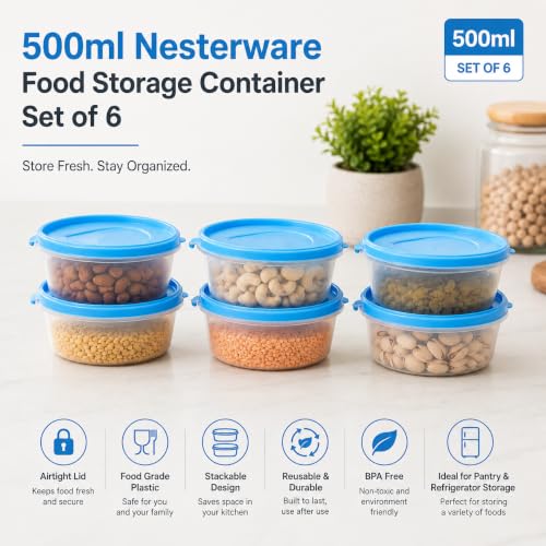 Image of Cutting EDGE Nesterware 500ml Stackable Food Container (Set of 6, Blue) | BPA-free plastic, stackable design, leak-proof, kitchen storage, pantry, fridge, meal prep, reusable, travel use