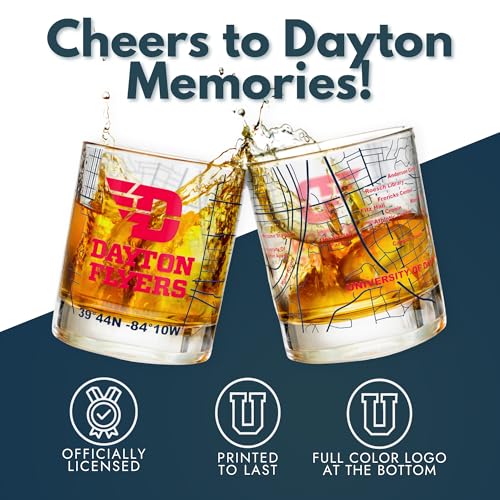 Image of Greenline Goods - University of Dayton Flyers College Whiskey Glasses (Set of 2), 10 oz - Full-Color Logo + Campus Map