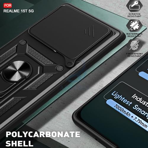 Image of AESTMO Tough Armor Realme 15T 5G Bumper Back Case Cover | Ring Holder & Sliding Camera Shield Cover | 360 Degree Protection Back Case Cover for Realme 15T 5G (Black)