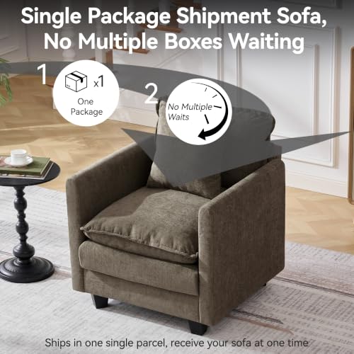 Image of 30'' Cloud Single Couch, Cloud Sofa with Throw Pillow, Modern 1 Seater Reading Chair with Deep Seat, Accent Chairs for Living Room, Bedroom, Small Apartment, Brown