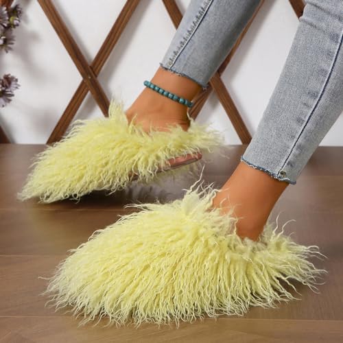 Image of Unisex Fuzzy Faux Fur Slippers, Women's Fluffy Long Hair Sheep Faux Fur Slip on Slides, Girls Luxury Big Fluffy Outdoor Flat Slippers, Long Curly Hair Non-Slip Warm Home Slide Shoes