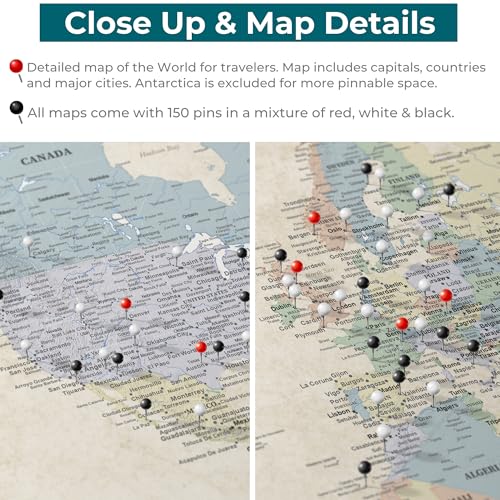 Image of Push Pin Travel Maps Sandy Dreams World Pin Board - Personalized Canvas Travel Map with Pins, Adventure Wall Art Decor for Tracking Trips - Black Float Mount Frame - 30 inch x 45 inch