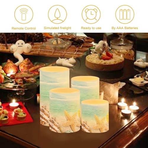 Image of Flameless Candles Battery Powered LED Candles with Remote Timer Color Changing Control Long Lasting for Indoor Outdoor Beach Home Decoration Set of 4, Coastal Starfish Blue Sea