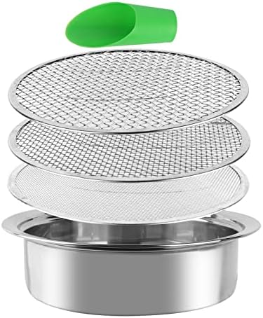 Dirt Garden Sieve Soil Sifter - Stainless Stackable Sifting Pan Soil Sand Sieve,9.5in Sifting Pan Contain 3 Sieve Mesh Filter Sizes (0.043",0.133",0.204") with Bonsai Soil Scoops,Garden Shovels 1PACK