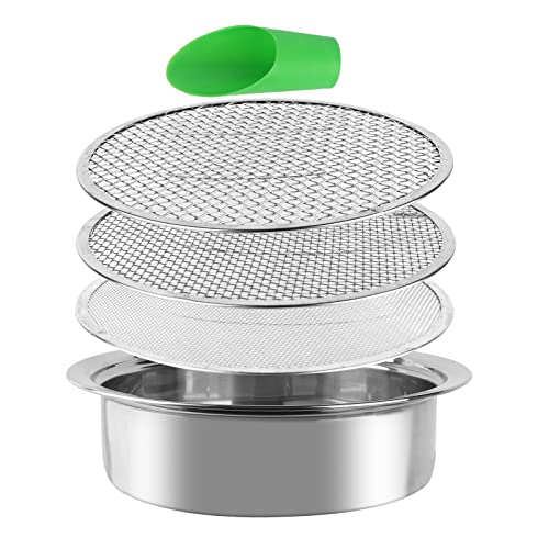 Stainless Steel Garden Sieve & Soil Sifter Tool - 9.5 Inch Stackable Sifting Pan with 3 Mesh Sizes...