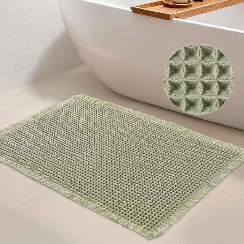 DWCN Waffle Bathroom Mat, Boho Bath Rugs Super Absorbent Non Slip Bath Mats for Bathroom Floor, Ultra Soft Farmhouse Shower Mats for Tub and Shower, 20 x 32 Inch, Sage Green