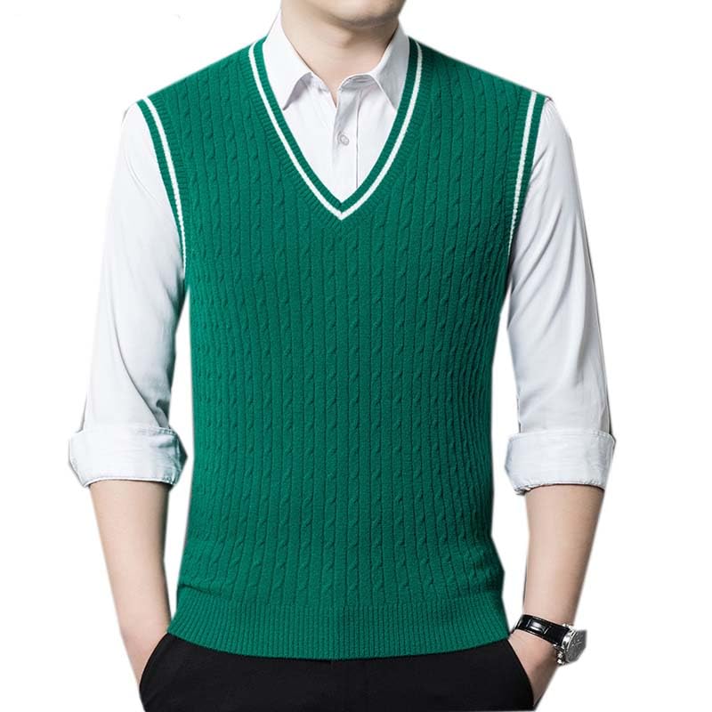 Young Men Wool Knit Vest Sweater Jumpers Sleeveless England Style V Neck for Autumn Winter Contrast Rim Casual2