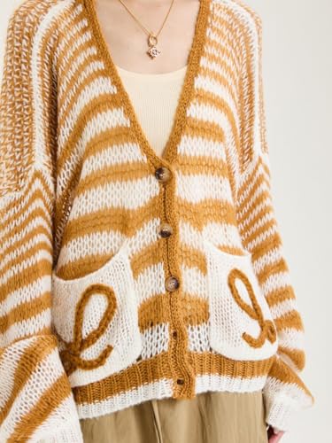 Women's Lightweight Cardigan Sweaters Crochet Knit Long Sleeve Button Down Striped Color Block Oversized Outwear4