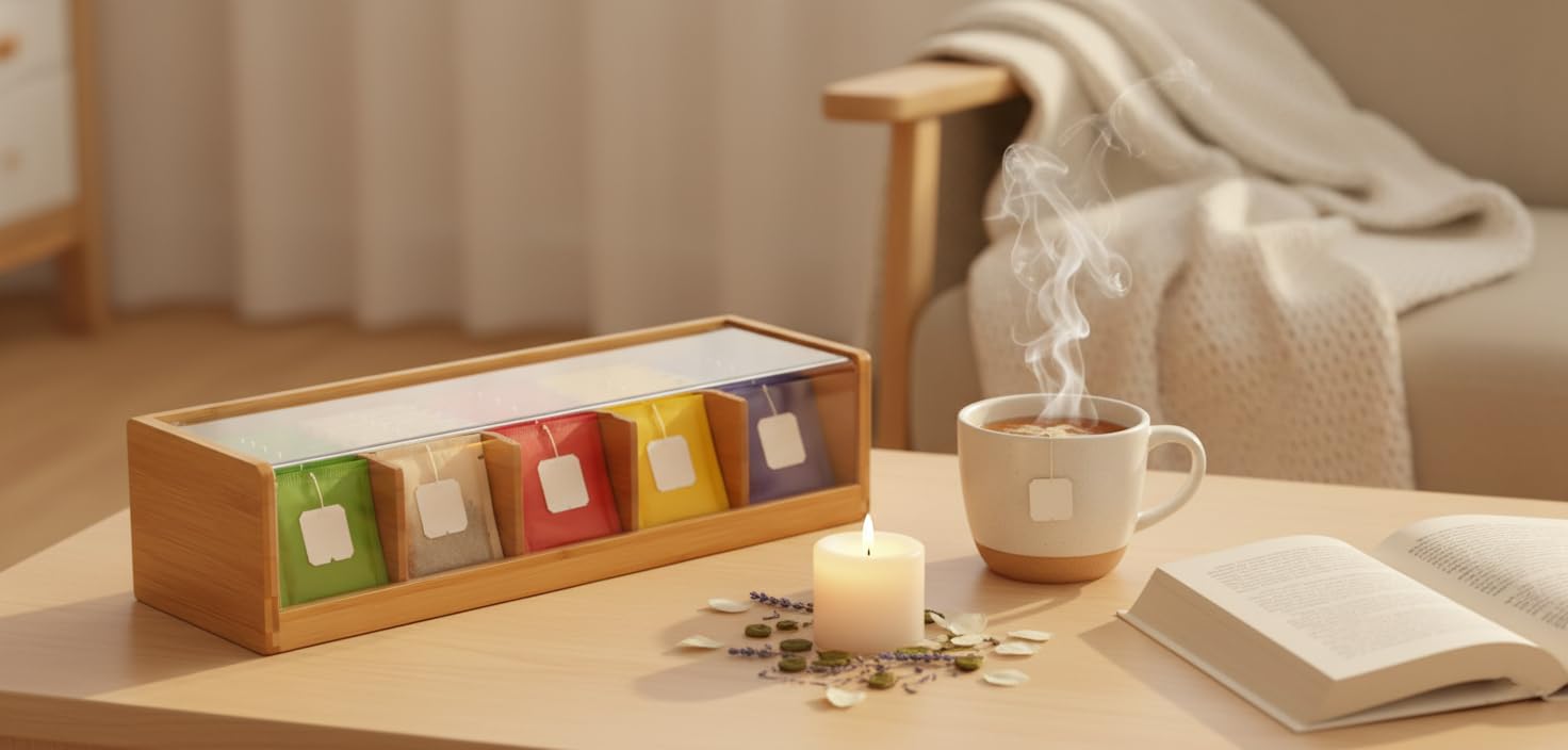 VITA PERFETTA - Caja de té con 5 compartimentos de bambú, caja de almacenamiento para bolsas de té (36 x 11 x 9 cm)