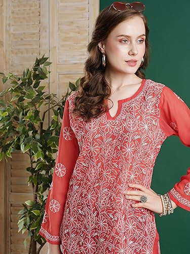Image of Ada Women's Georgette Regular Fit Chikankari Hand Embroidered Lucknow Short Kurti Top A911224
