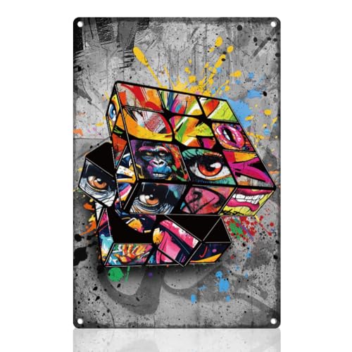DOODLREAM Décoration murale rétro en métal avec motif de cube magique de rue Graffiti de Banksy - 20 x 30 cm - Poster mural abstrait vintage pour maison,...
