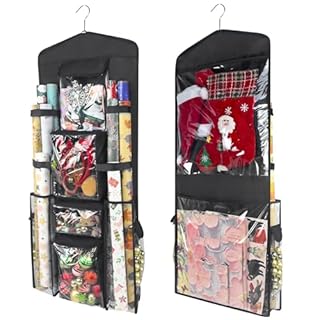 Wrapping Paper Organizer, Double-Sided Hanging, Over Door Gift Wrap Storage with Multiple Pockets, Side Pockets, Elastic Straps, Organize Ribbons, Bows, Tools, Space-Saving Closet,Cabinet Design,Black
