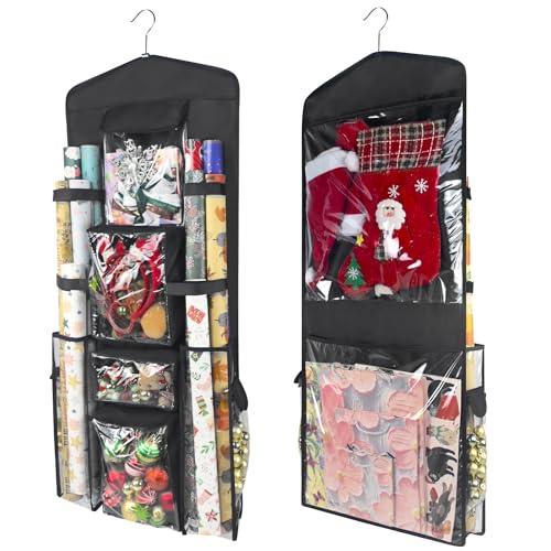 Wrapping Paper Organizer, Double-Sided Hanging, Over Door Gift Wrap Storage with Multiple Pockets, Side Pockets, Elastic Straps, Organize Ribbons, Bows, Tools, Space-Saving Closet,Cabinet Design,Black