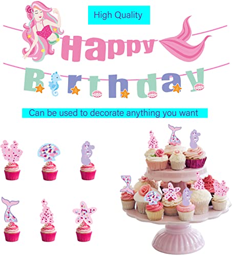 Mermaid Party Supplies 25Pcs Mermaid Tail Birthday Cake Topper Under The Sea Cupcake Toppers Happy Birthday Mermaid Banner For Girls Kids Baby Shower Birthday Party Favors Supplies Decorations #TOP2
