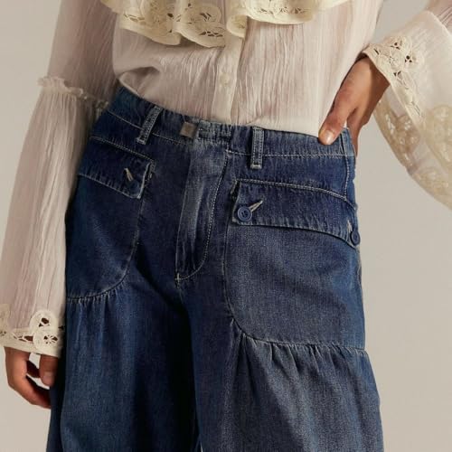 Women Mid Waist Baggy Washed Pants Fashion Pleated Wide Leg Jeans with Pockets4