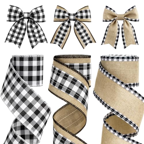 KINGLAKE Buffalo Plaid Ribbon Wired – 3 Rolls 2.5'' x 18 Yards, Burlap Black and White Plaid Ribbons for Crafts, Christmas Gift Wrapping, Wreaths and Decoration