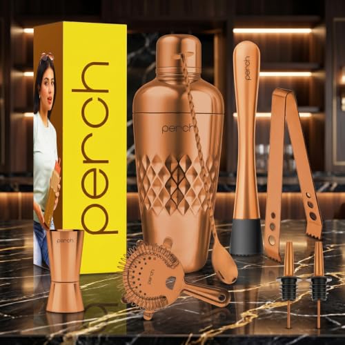 Image of O' Holic by Perch Craft 8-Piece Stainless Steel Bartender Kit|Premium Cocktail Shaker Set with Jigger 30 /60ml, Spoon,Pourer,Ice Tong, & Bar Tools|Professional Bar Set for Home &Tour Parties|Rose Gold