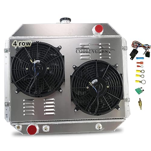 Image of 4 Row Aluminum Radiator Replacement for Ford F100 F150 F250 F350 Bronco Truck V8 1966-1979, Radiators with Electric Fan Shroud Thermostat Kit