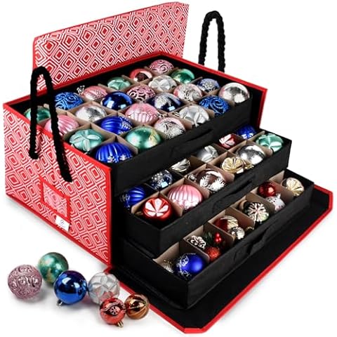 Christmas Ornament Storage Box,Max 72 Slots-3"Christmas Balls Ornament Organizer,3 Stackable Drawer Organizers,Large Christmas Decoration Storage Containers,Ornament Storage Box Adjustable Dividers Cover