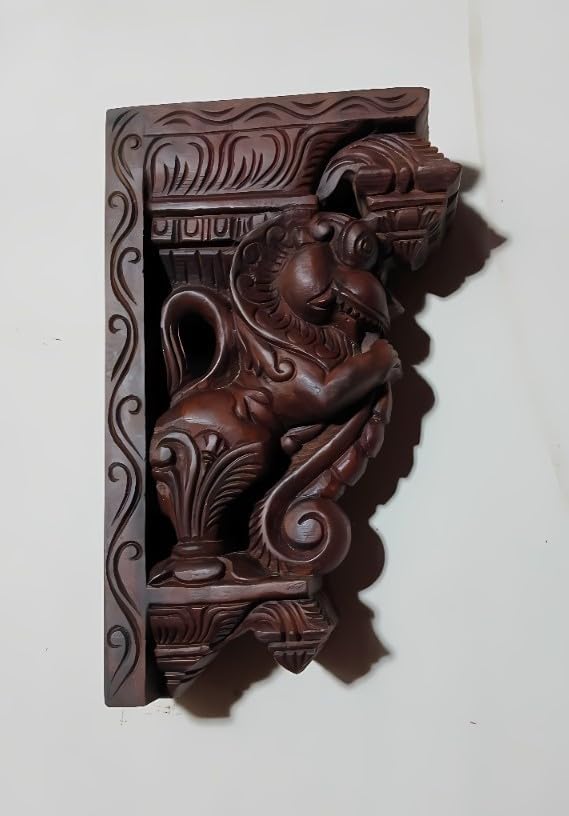 UNIQUE ARTLIVO Handcrafted Wooden Wall Bracket, Brown, Mythical Lion Corbel, Decorative Carved Wood Shelf Support-image-15