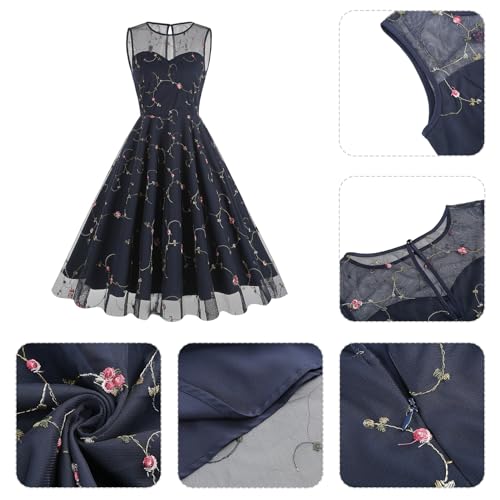 Image of 1950s Dresses for Women Vintage Floral Embroidery Mesh Dress Sleeveless Round Neck Swing Dress