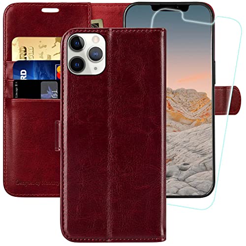 MONASAY Wallet Case Compatible for iPhone 11 Pro Max 5G, 6.5-inch, [Glass Screen Protector Included] [RFID Blocking] Flip Folio Leather Cell Phone Cover with Credit Card Holder, Burgundy