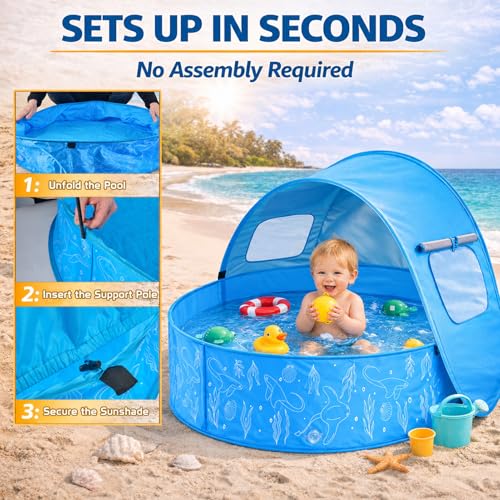 Baby Pool with Canopy, Foldable Kiddie Pool with Shade, Pop Up Water Play Pool with Carrying Bag for Toddlers, Portable for Backyard and Beach, 35.4 Inch by ComfyKit - Image 5