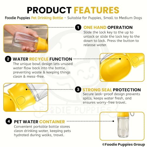 Image of Foodie Puppies Portable Dog Water Bottle, (530ml,18Oz) Color May Vary | Leak-Proof Easy Squeeze Pet Water Dispenser with BPA-Free Drinking Cup | Walking, Hiking, Travel & Road Trips