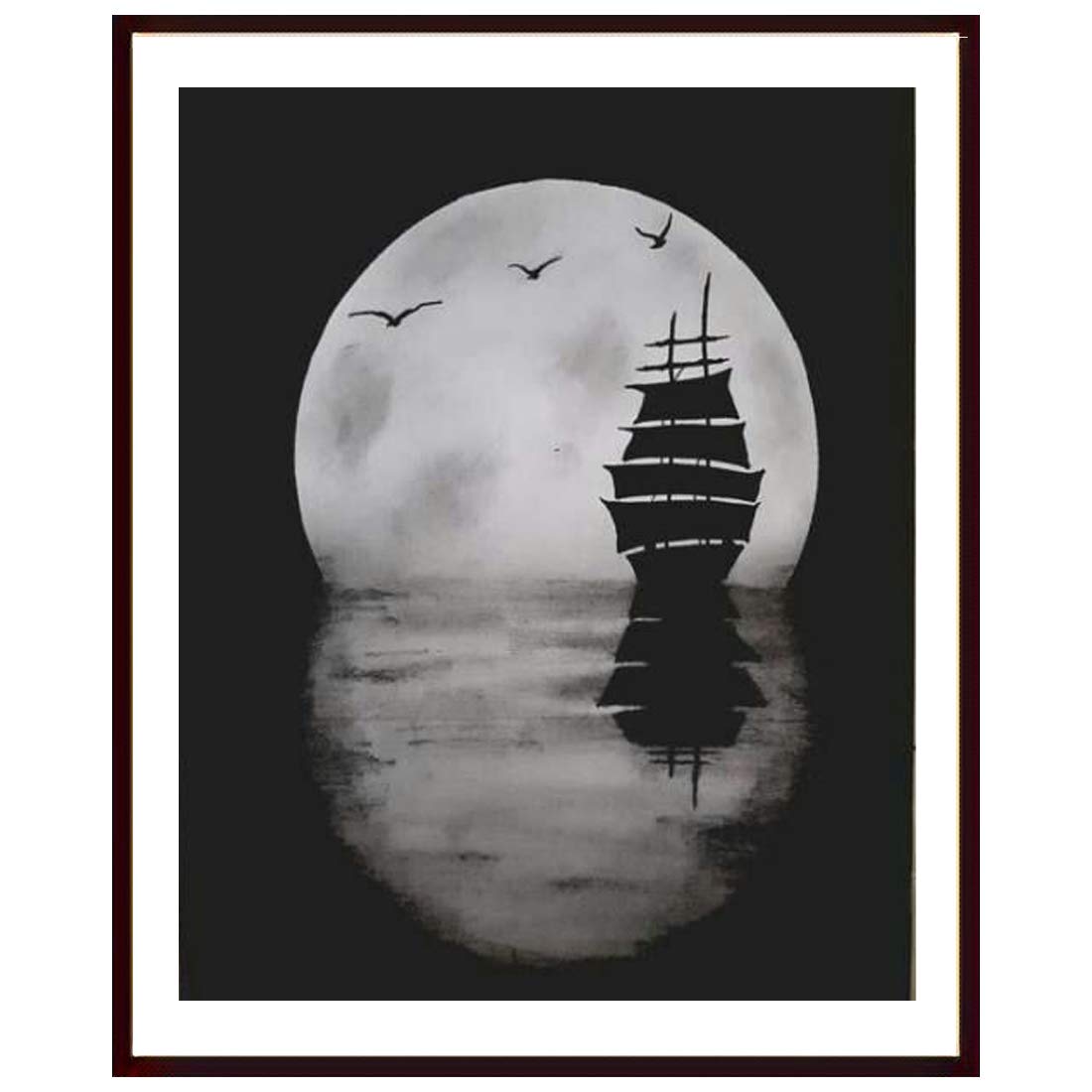 Art Cool Moon Art Boat Photo frame | Matt Finished Print | Synthetic Wood frame without Glass | Frame for Living Room, Kitchen,Office,Restaurant Decoration | Size(12x14)