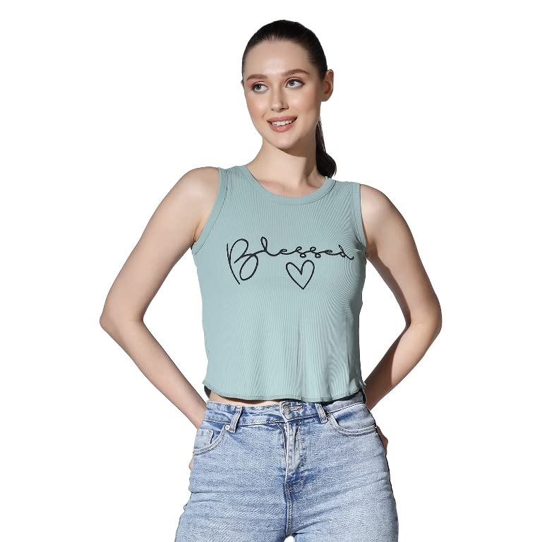 Image of OM SAI LATEST CREATION Crop Tops for Women || Ribbed Solid Chest Printed Crop Top for Girls || Text & Hart Print with Round Neck & Sleeveless Crop Top for Women || Tank Top.